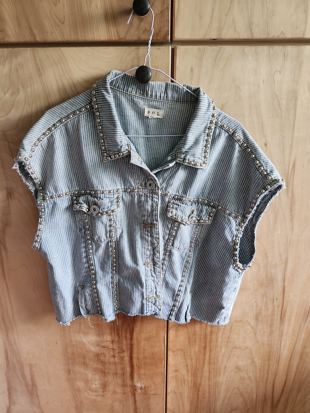 POL Light Blue Studded Cropped Denim Vest